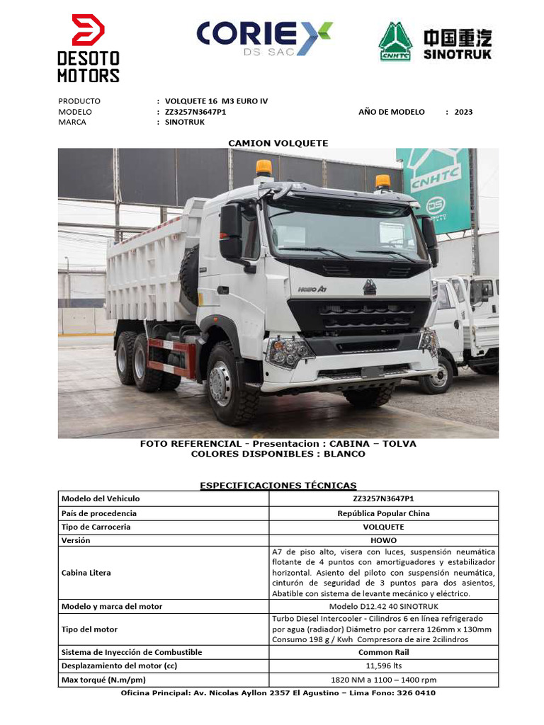 Ficha Técnica Volquete Sinotruk 16m3 | PDF | Eje | Camión