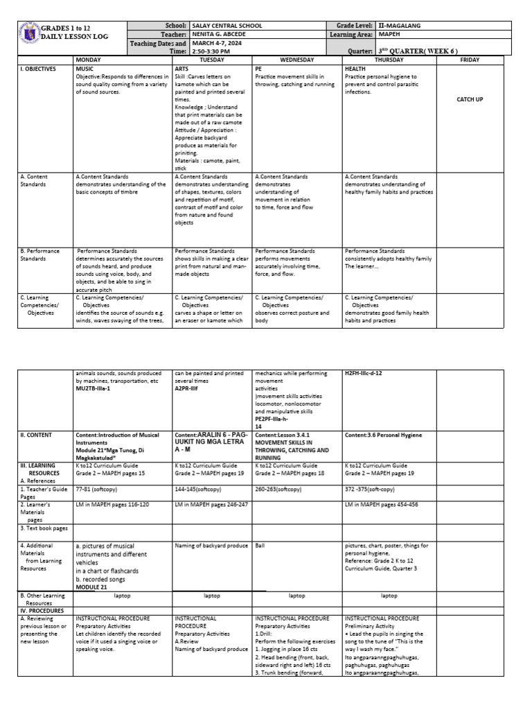Grade 2 MAPEH DLL Q3 Week 6 | PDF | Learning | Curriculum