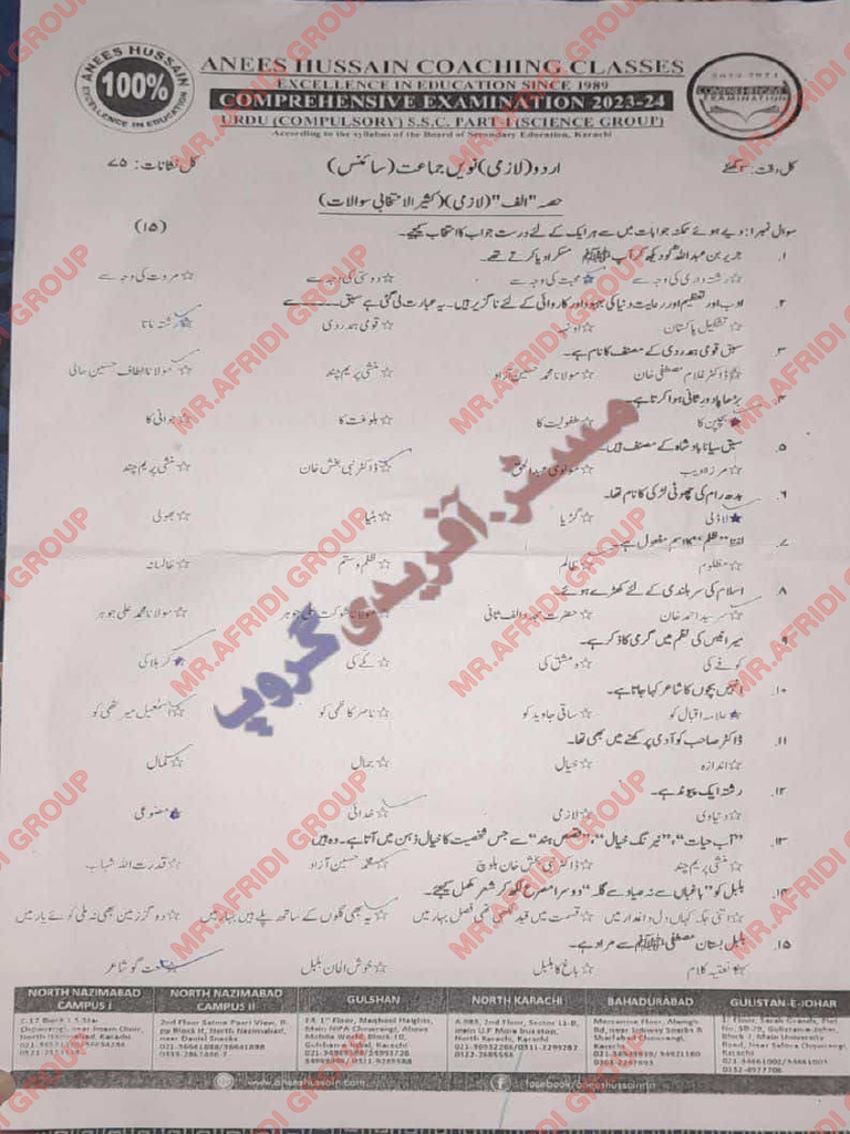 Ix-Urdu Aness Hussain Comprehensive Paper 2024 | PDF