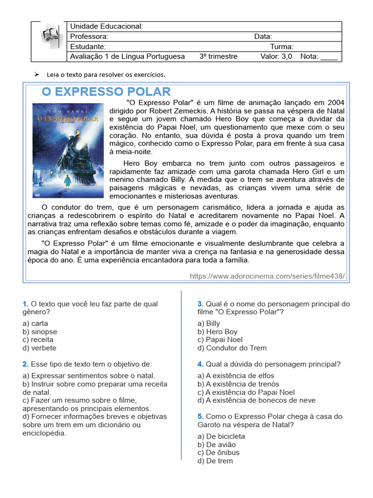 Avaliação 1 de Língua Portuguesa 3º Trimestre | PDF