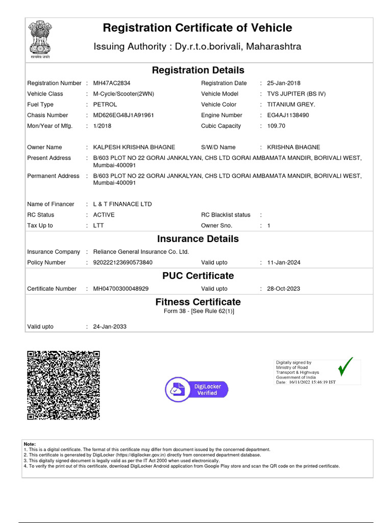 Vehicle Registration Certificate Details | PDF | Vehicles
