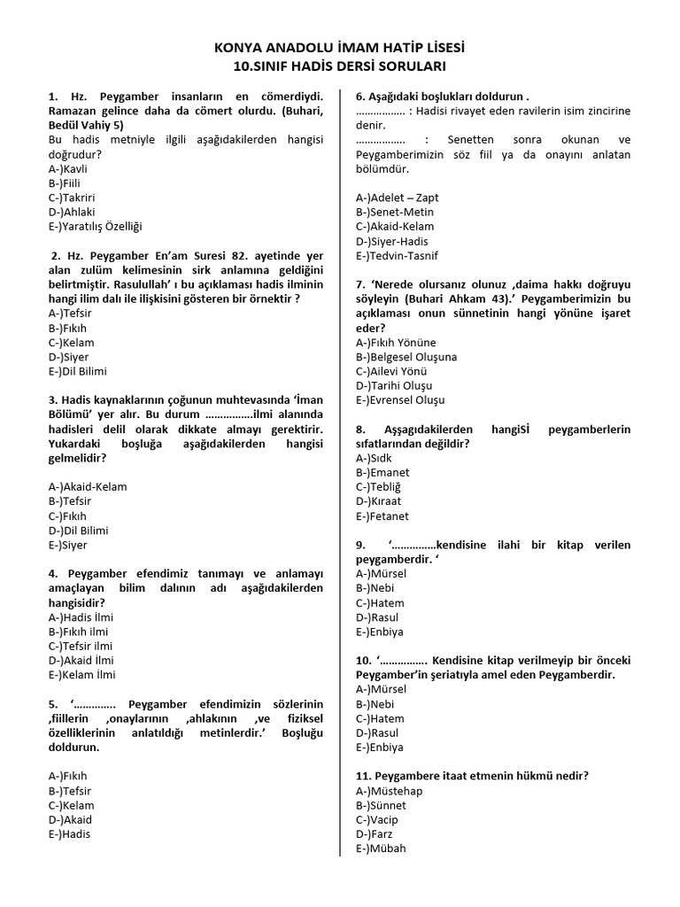 hadis 10 sınıf ders kitabı cevapları