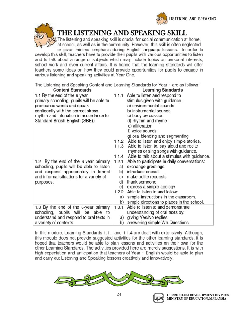 Year 1 Listening and Speaking Skills Guide | PDF | Learning | Drum
