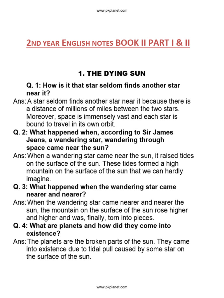 2nd Year English Notes Book Ii Part I Ii Solved Questions Pdf