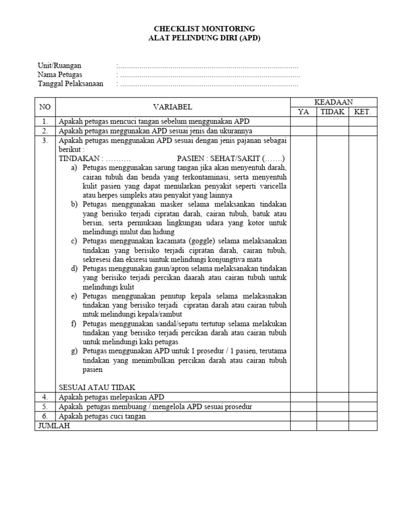 Checklist Monitoring APD untuk Petugas | PDF