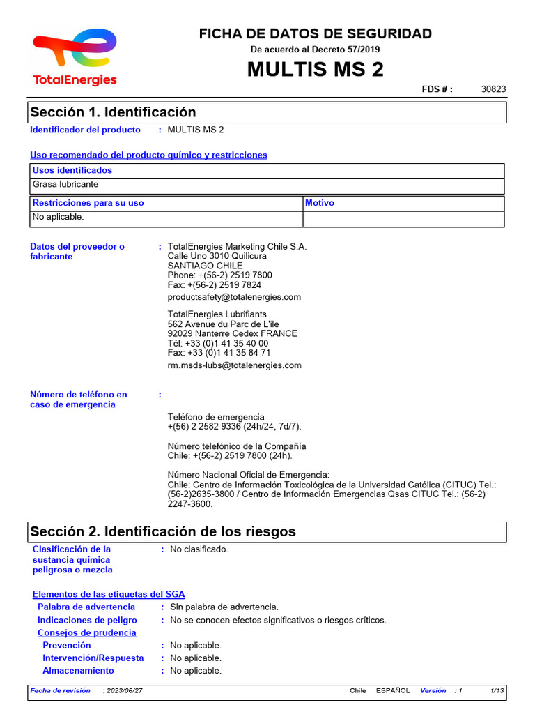 Ficha de Seguridad MULTIS MS 2 | PDF | Residuos | Química