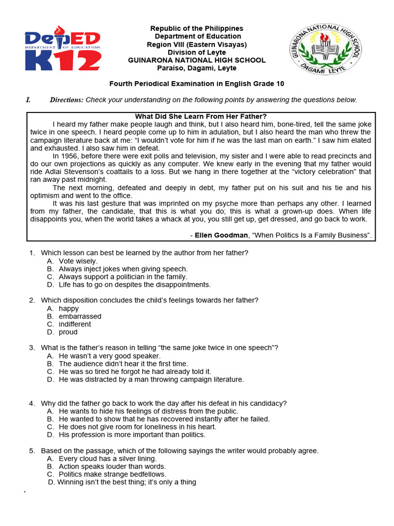 Grade 10 English Exam: Key Concepts | PDF | Language Arts & Discipline ...