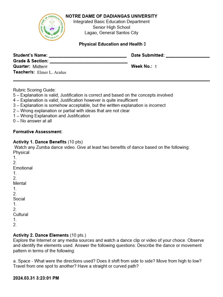 PEH 3 Week 1 Worksheet Template SY23 24 | PDF | Dances