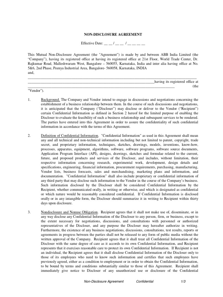 ABB India Non-Disclosure Agreement | PDF | Non Disclosure Agreement ...
