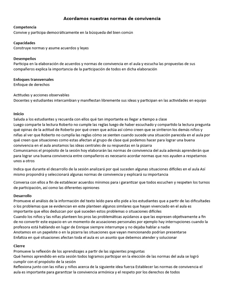 Normas para la Convivencia Escolar | PDF | Salón de clases | Ciencias ...