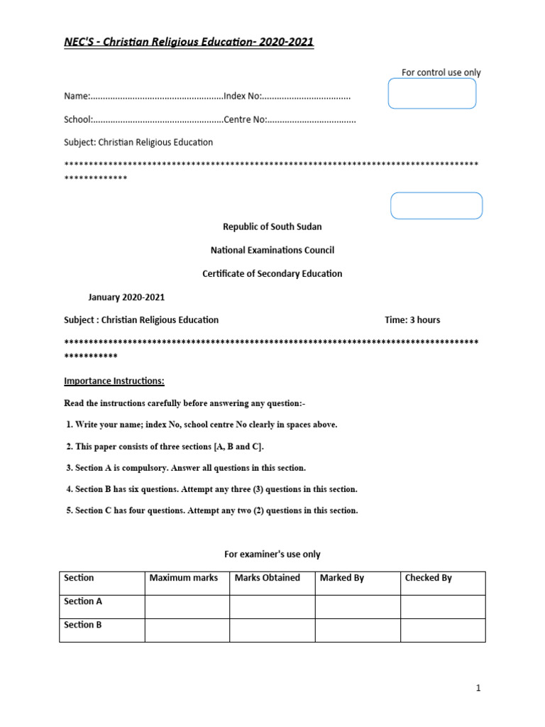 Christian Religious Education Exam 2021 | PDF | Jesus | Baptism