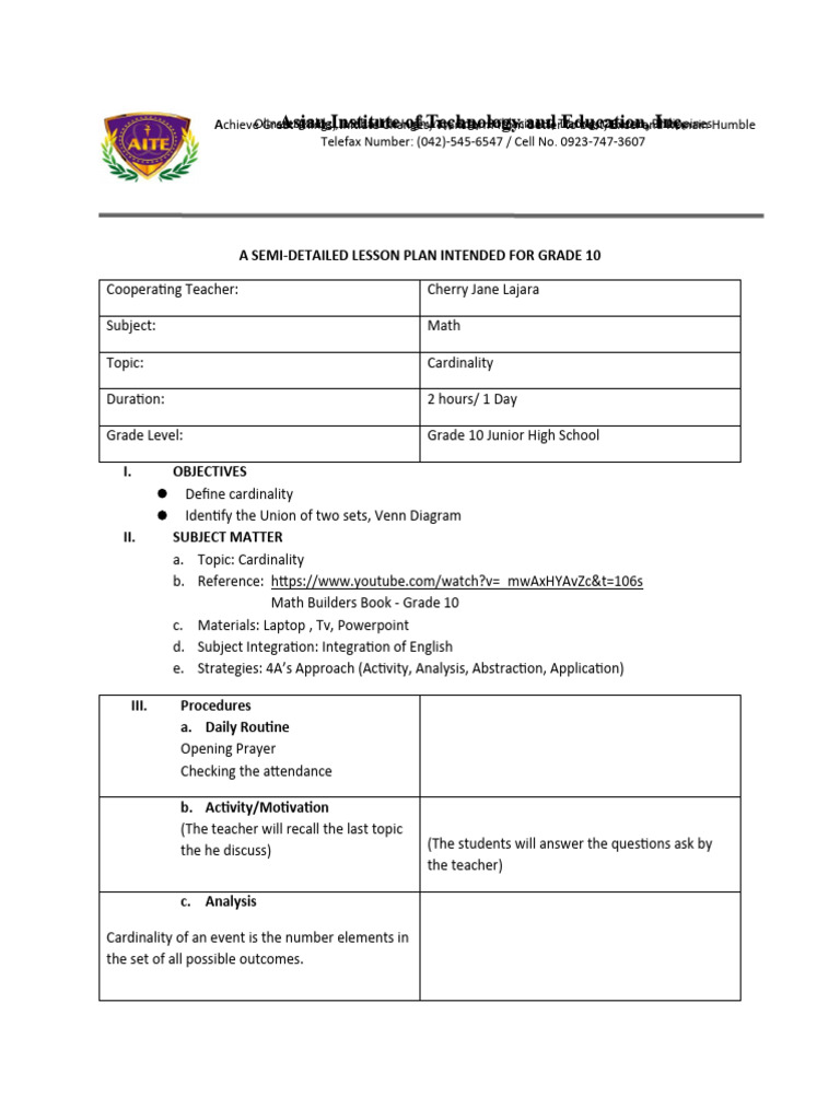 Grade 10 Math Lesson: Cardinality | PDF | Mathematics