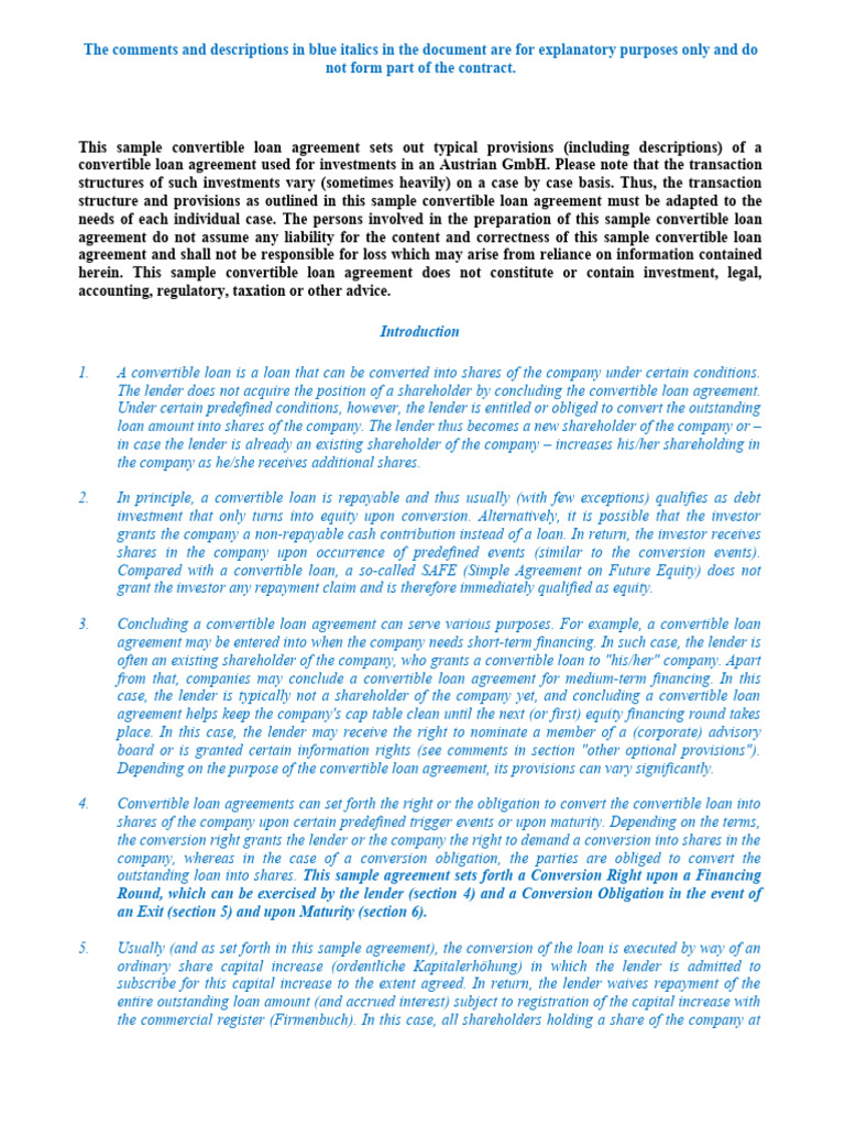 Template Convertible Loan Agreement 211129 Final 1 | PDF | Loans | Debt