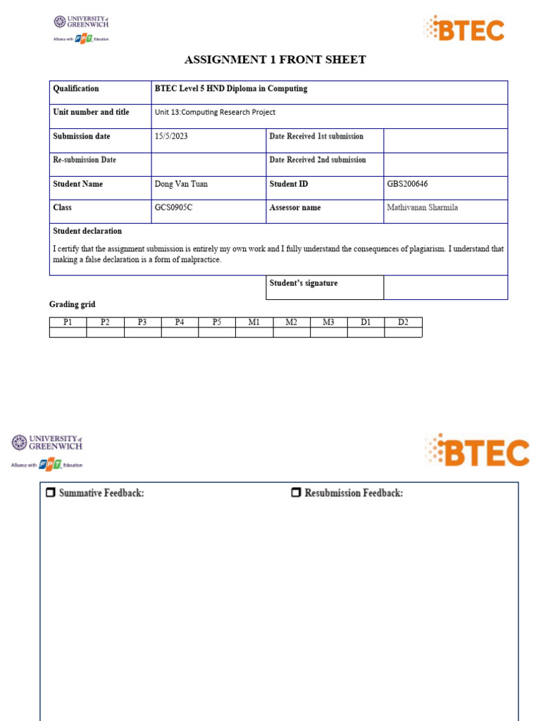 BTEC HND Computing Project Submission | PDF