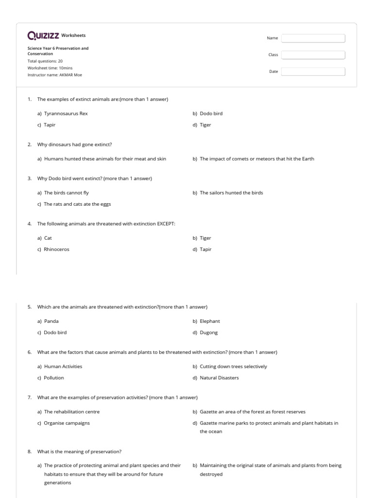 Science year 6 preservation and conservation quizizz pdf hunting