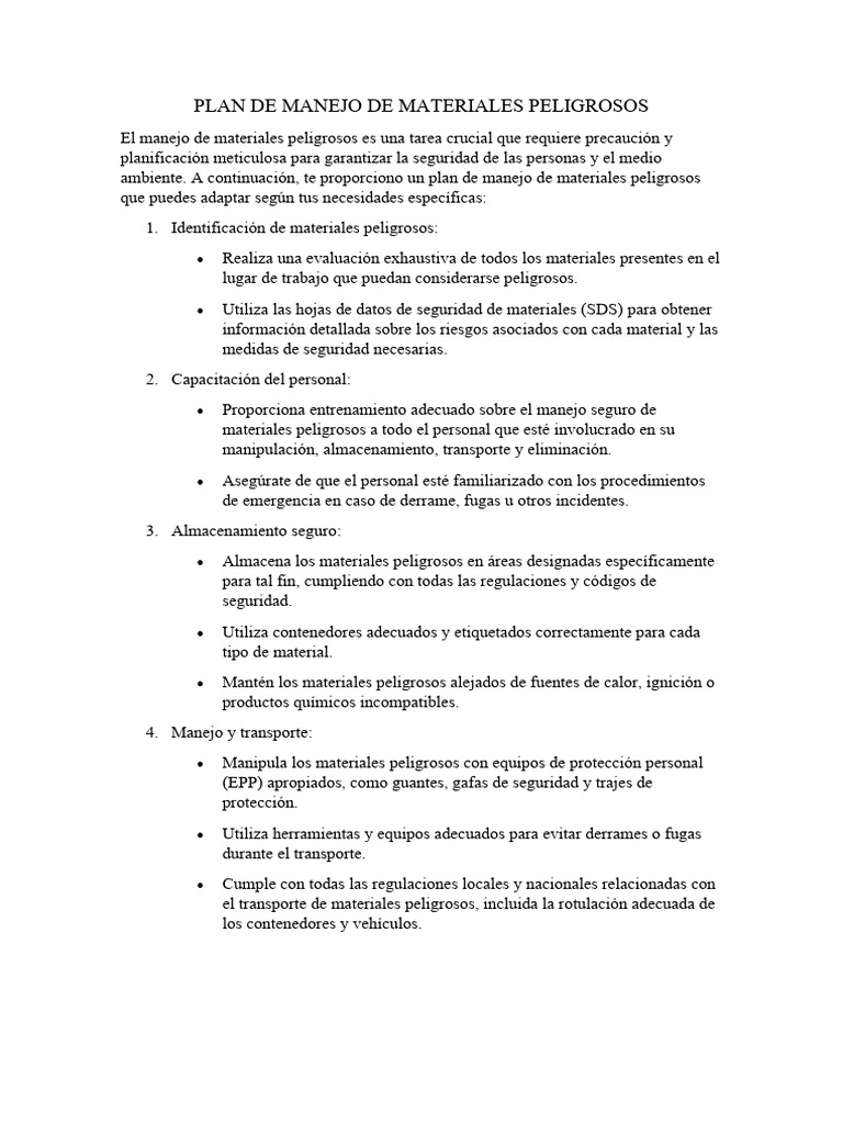 Plan de Manejo de Materiales Peligrosos | PDF | Mercancías peligrosas