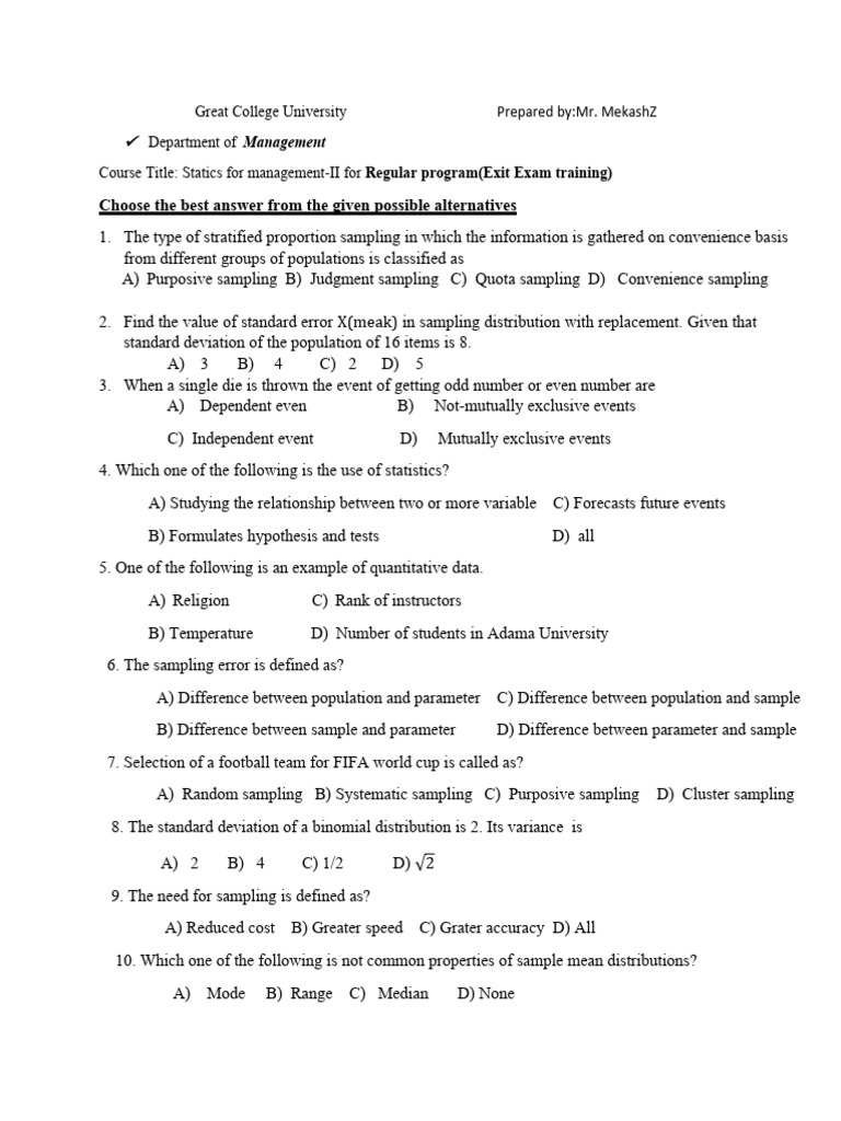 Statistics For Management - Two Exit Exam Training+15 | PDF | Sampling ...