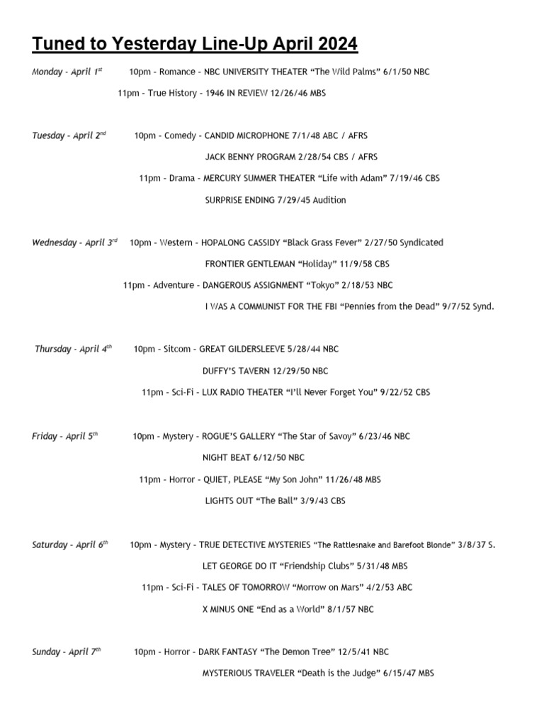 April 2024 Tuned to Yesterday Schedule | PDF | Cbs | Nbc