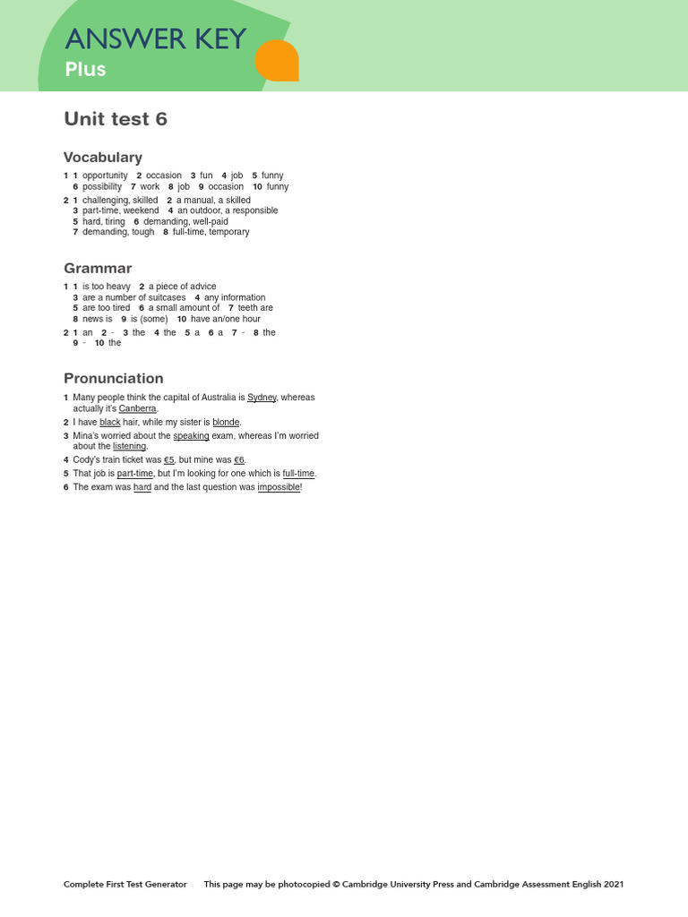 Complete First Unit Test 6 Answer Key Plus | PDF