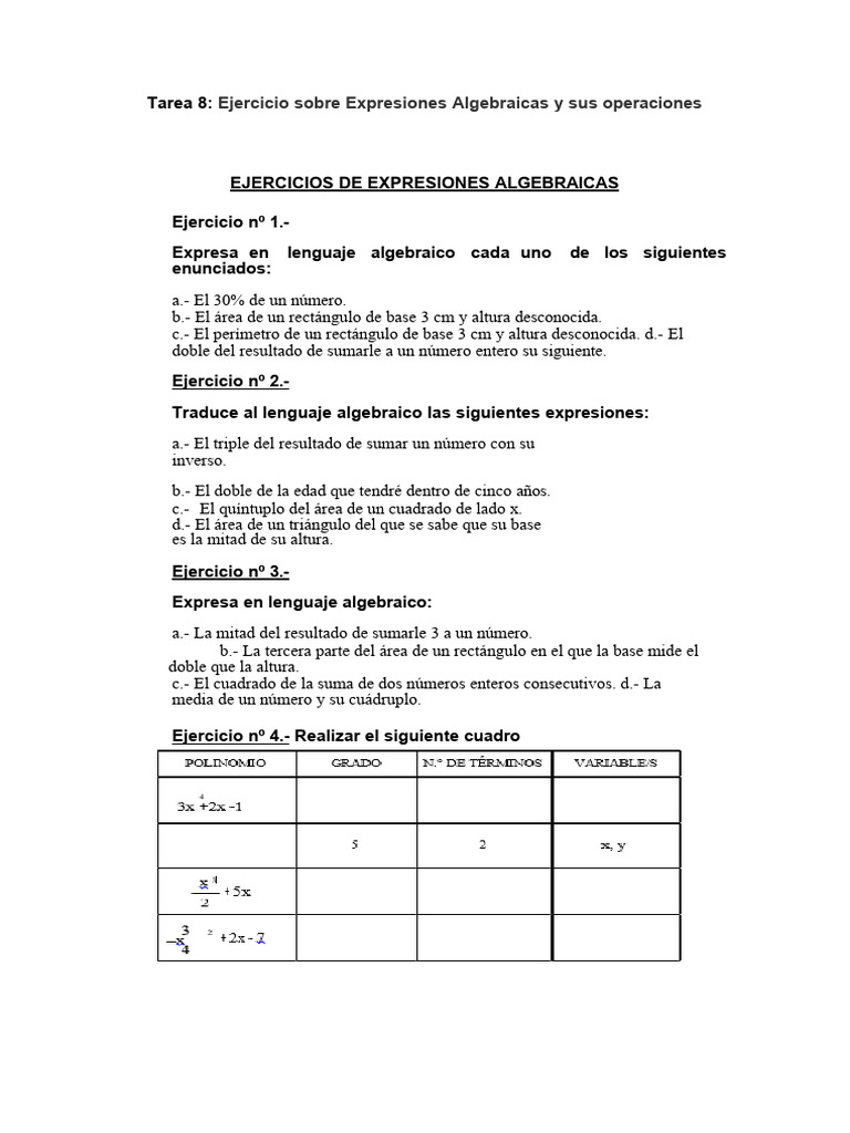 Ejercicios de Expresiones Algebraicas | PDF