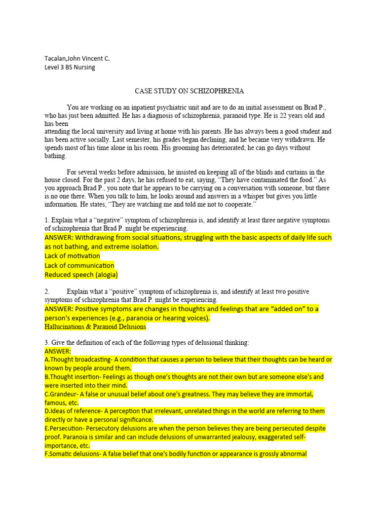 Case study on schizophrenia tacalan john vincent pdf delusion