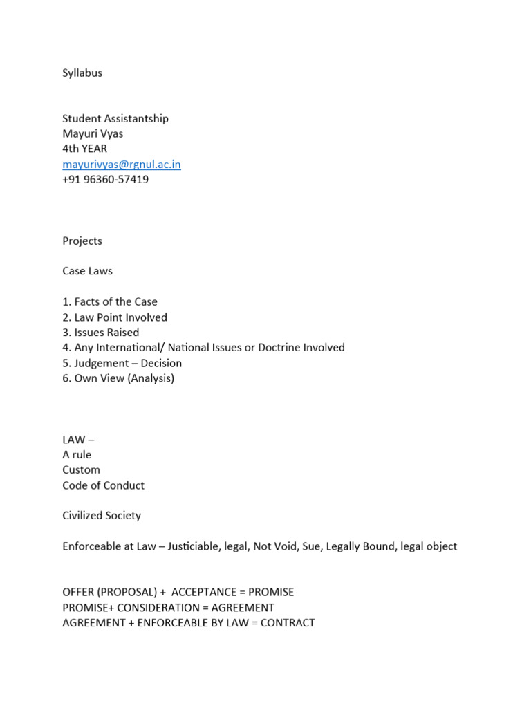 Law of Contract - I Class Notes | PDF | Damages | Offer And Acceptance