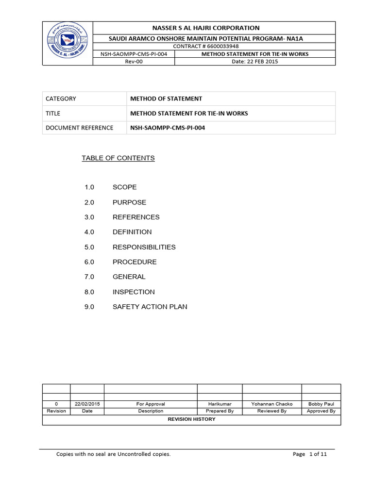 Tie-In Works Method Statement | PDF | Quality Assurance | Pipe (Fluid ...