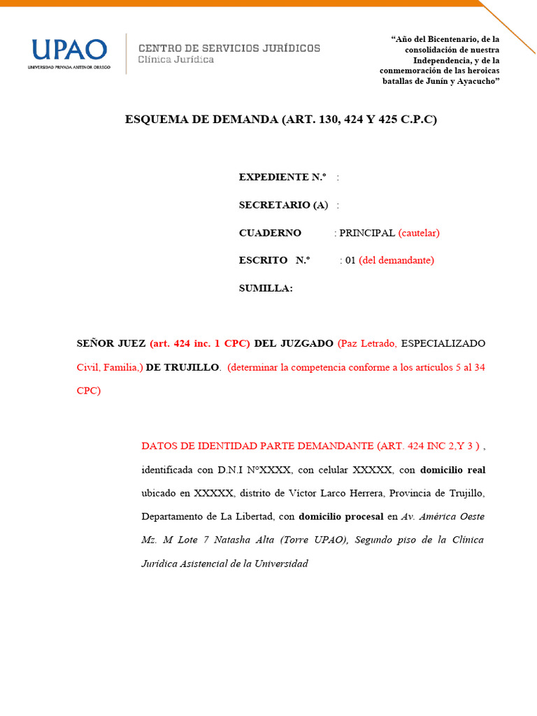 Esquema de demanada conforme al arts 130 424 y 425 cpcp pdf