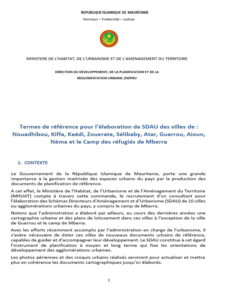 Élaboration des SDAU pour 10 villes mauritaniennes | PDF | Urbanisme ...
