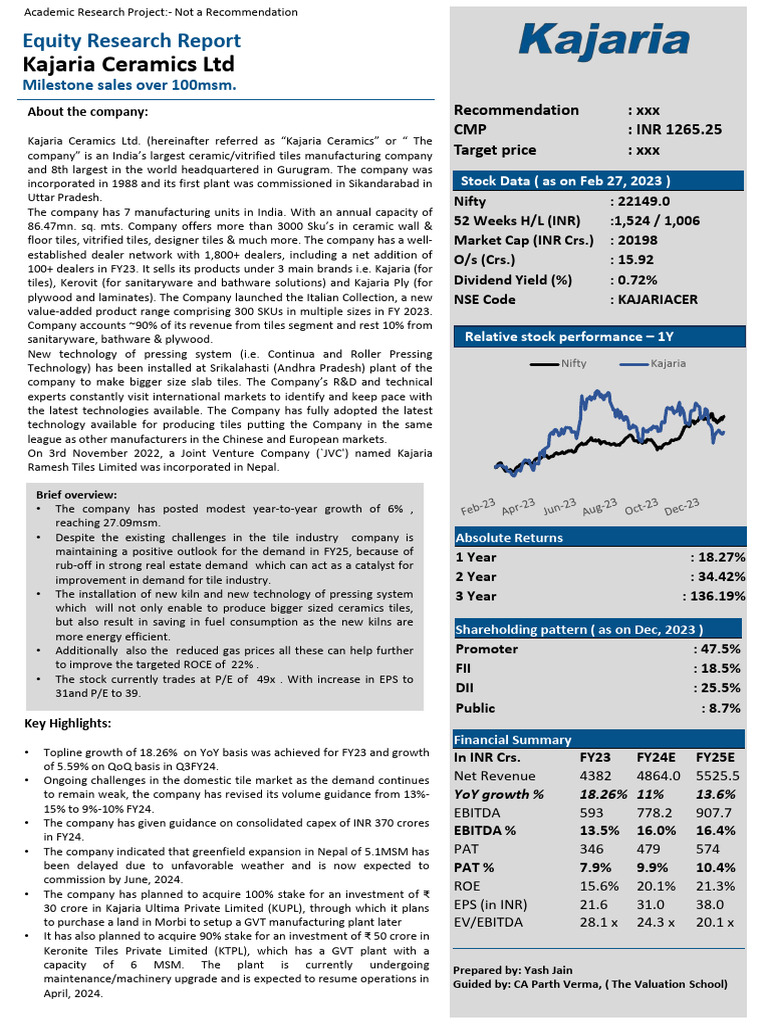 Kajaria Ceramics Equity Research Report | PDF | Cost Of Living | Inflation