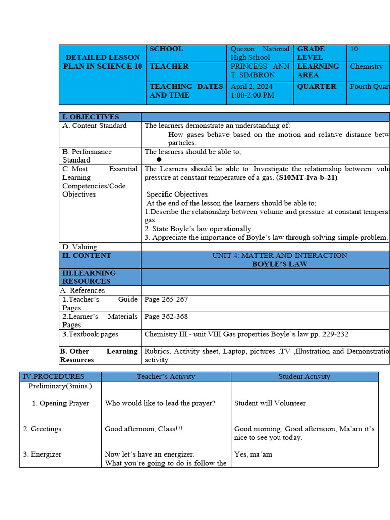 Detailed Lesson Plan in Science 10. Boyle's Law | Download Free PDF ...