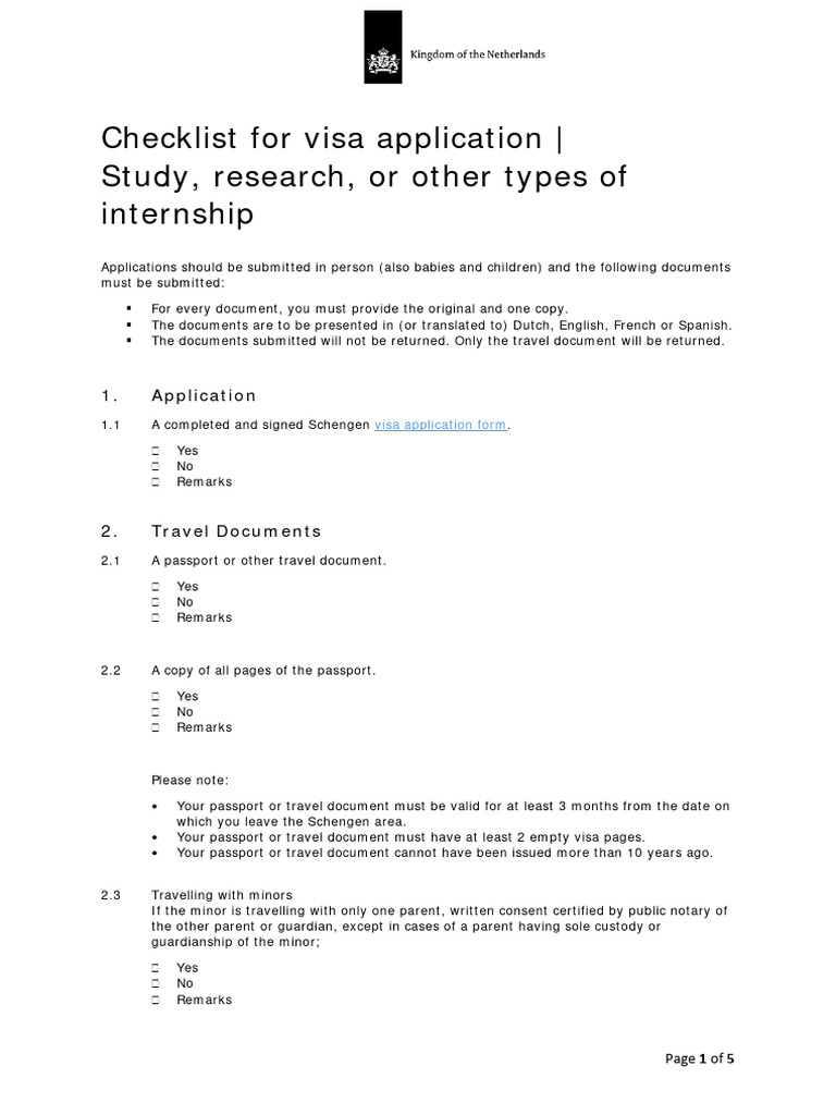 Checklist for visa application study research or other types of