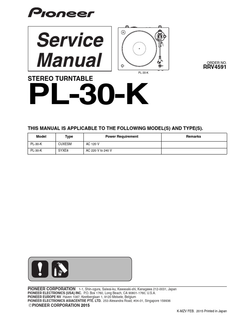 Pioneer PL-30-K Turntable Manual | PDF | Soldering | Alternating Current