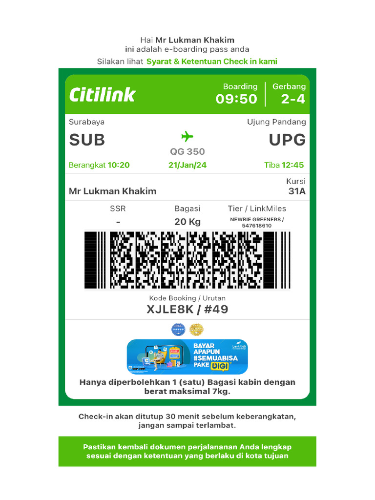 Citilink eBoardingPass XJLE8K | PDF