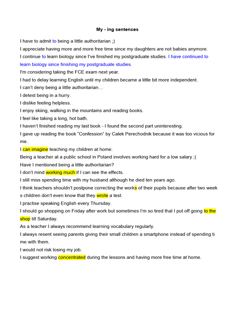 My - Ing Sentences | PDF