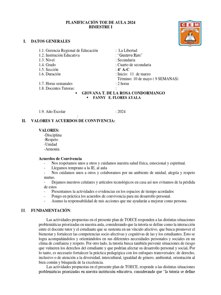 Planificación Tutoría Secundaria 2024 | PDF | Las emociones | Salón de ...