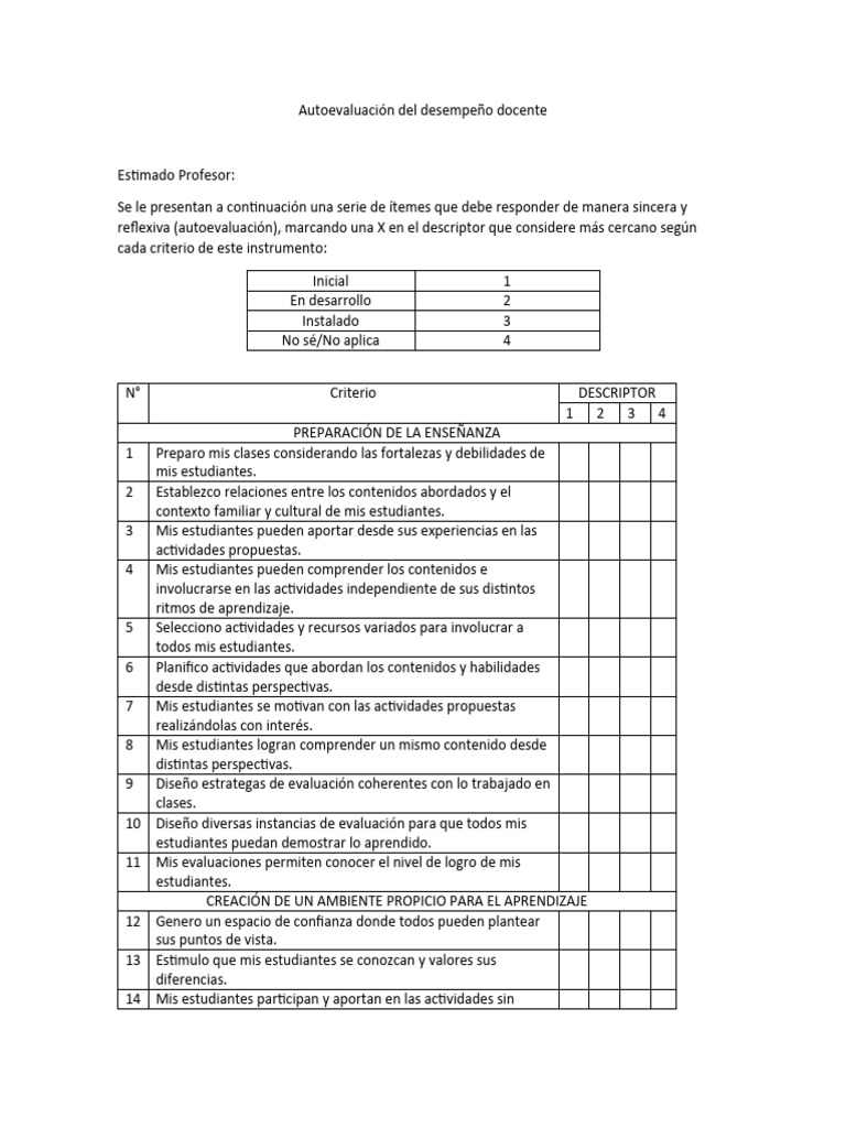 Autoevaluación del Desempeño Docente | PDF | Aprendizaje | Maestros