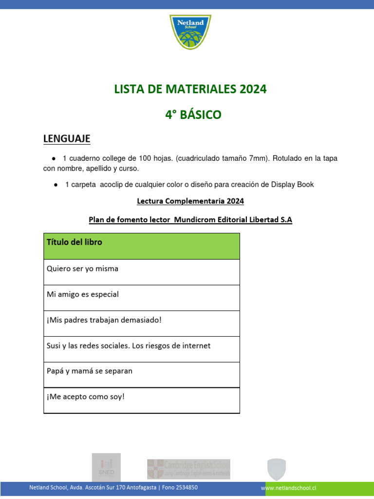 Lista de Materiales 4° Básicos 2024 | PDF