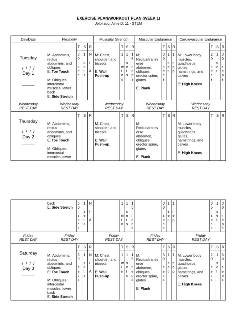 Week 1 Exercise and Workout Plan | PDF | Abdomen | Anatomy