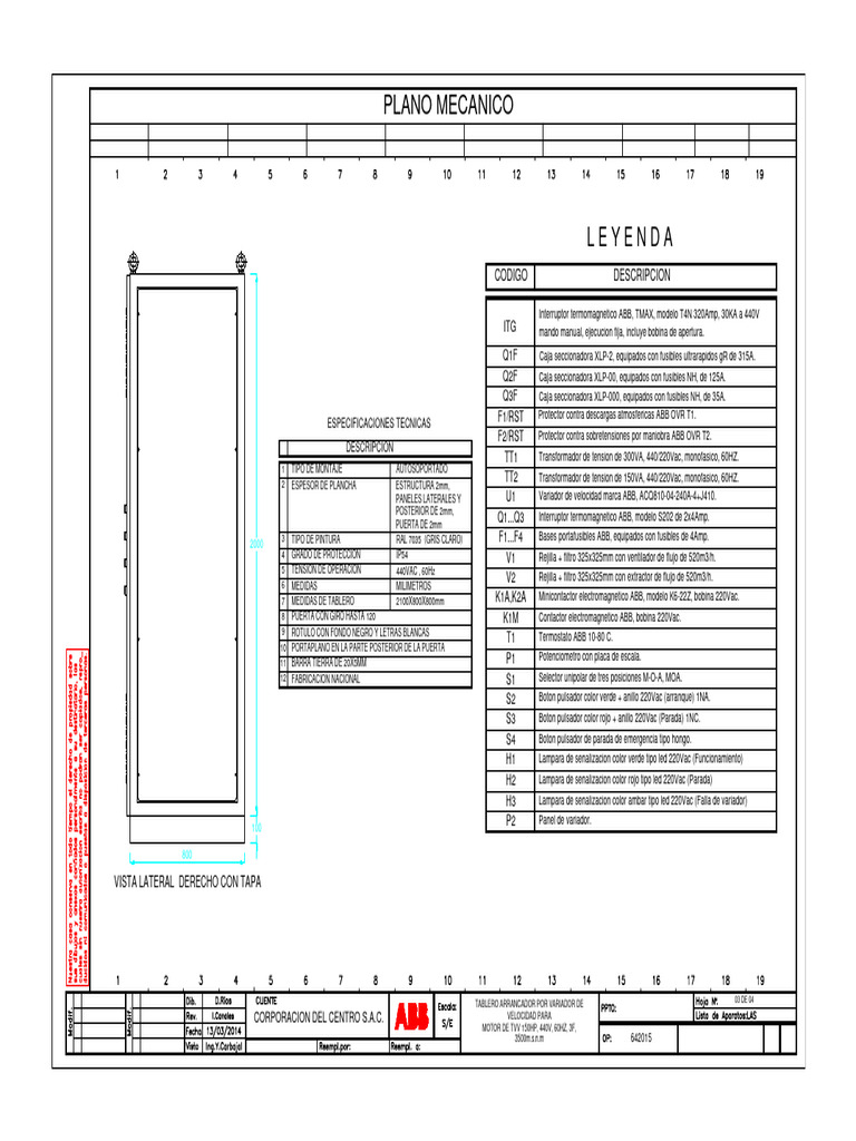 Plano Mecánico Tablero Eléctrico 150HP | PDF | Componentes | Energia ...