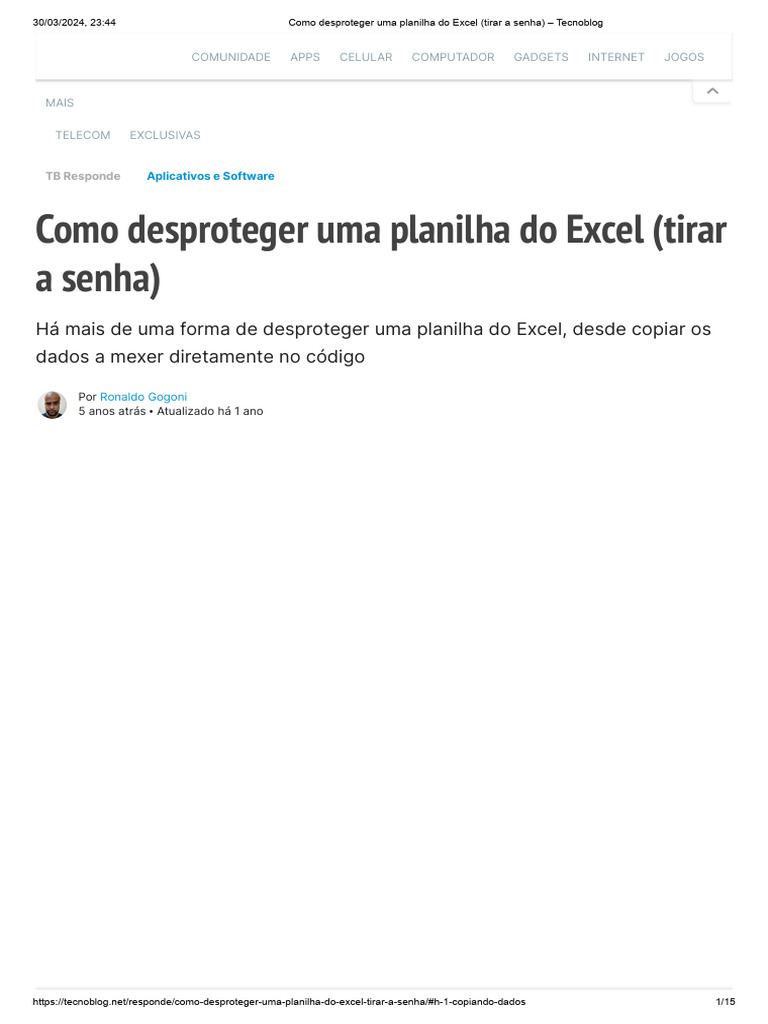 Como Desproteger Uma Planilha Do Excel (Tirar A Senha) - Tecnoblog ...
