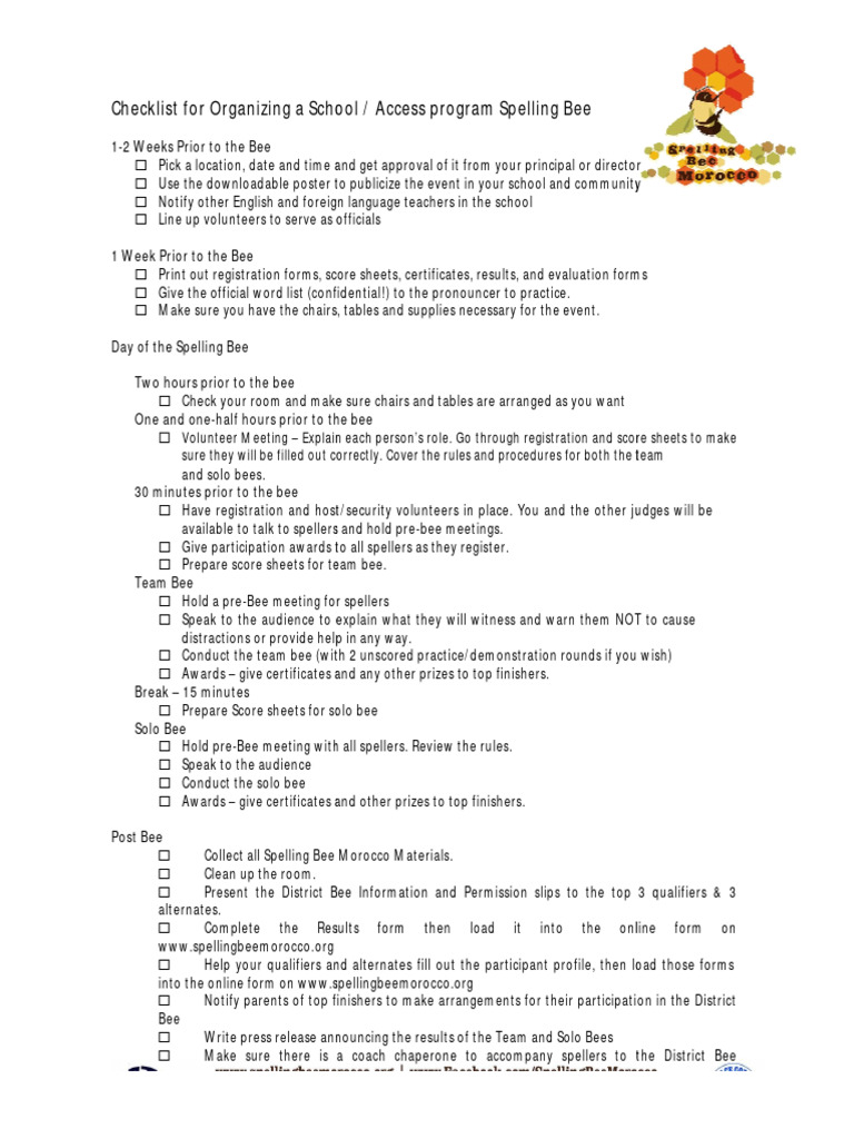 Spelling Bee Organization Checklist | PDF