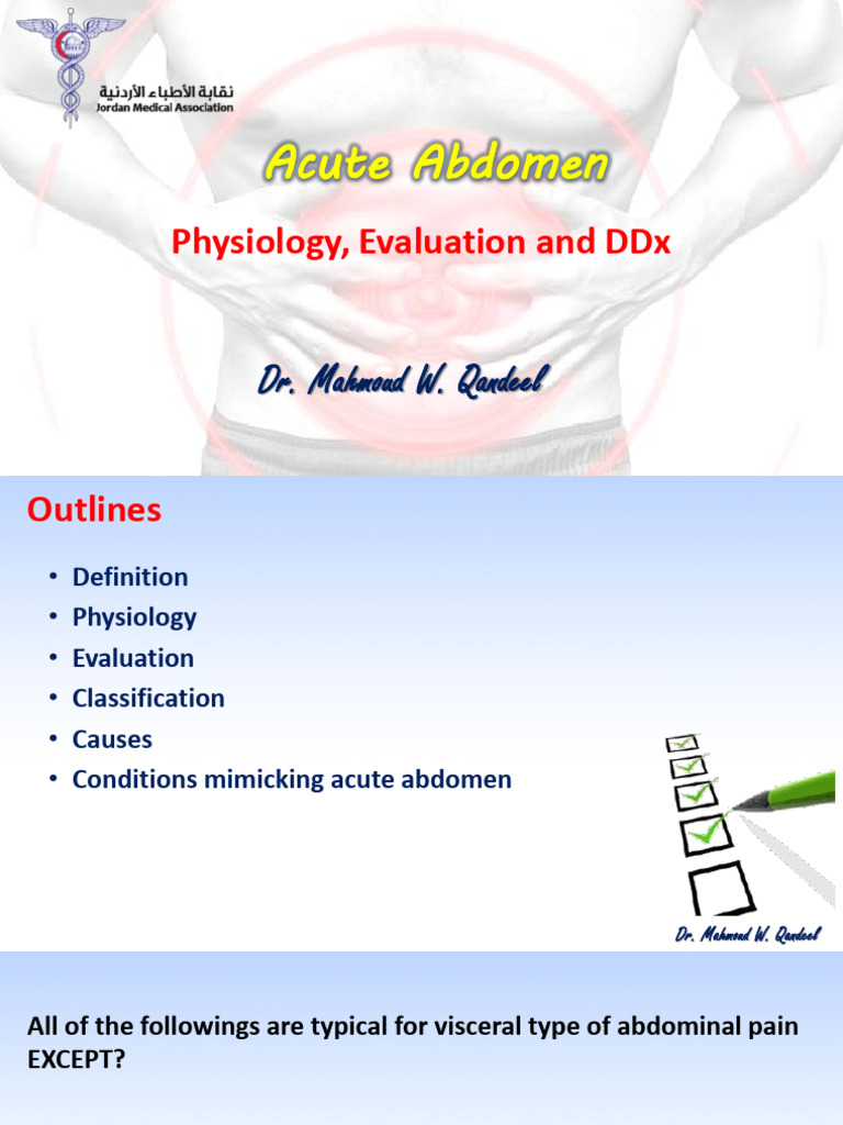 Acute Abdomen: Physiology, Evaluation and DDX | PDF | Peritoneum | Abdomen