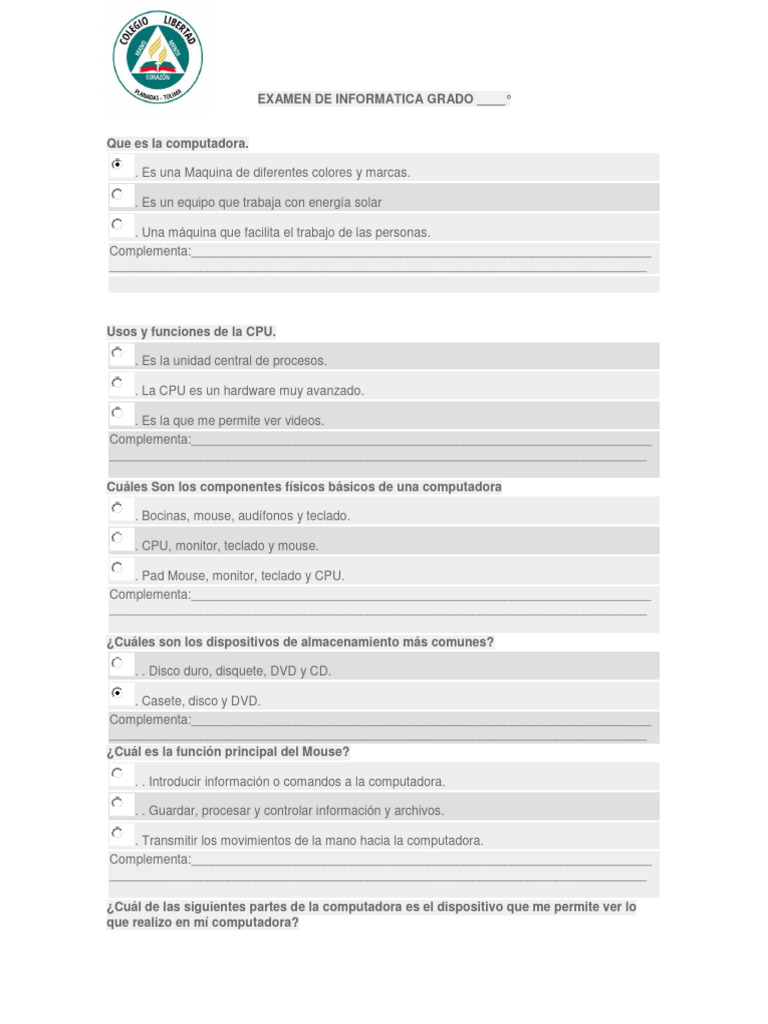 Examen Cuarto y Quinto Informatica | PDF | Hardware de la computadora ...