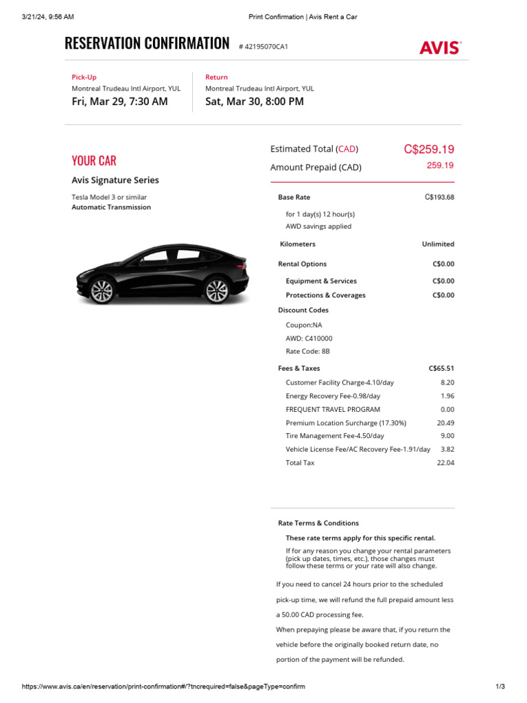 Print Confirmation Avis Rent A Car PDF Car Rental Fee