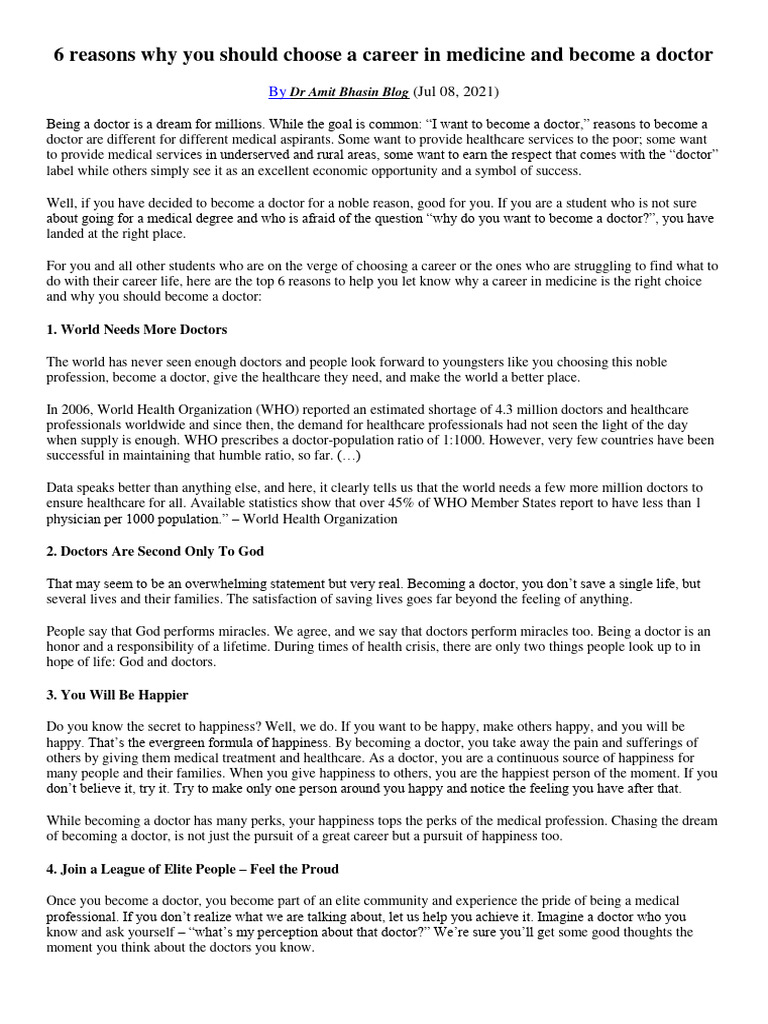 Lesson1 Why Choose Medicine As A Career Pdf Physician Happiness
