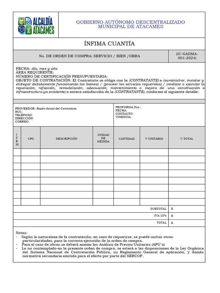 Orden de Compra GAD Atacames 2024 | PDF | Presupuesto | Multa (pena)