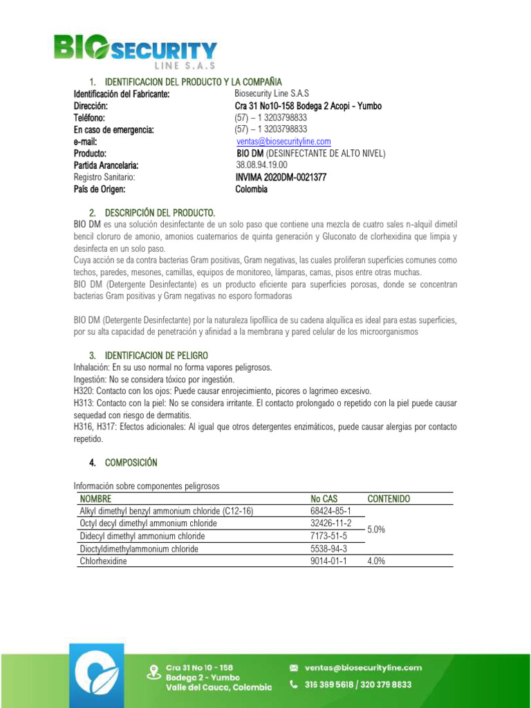 4.1 Hoja de Seguridad Bio-Dm | PDF | Agua | Residuos