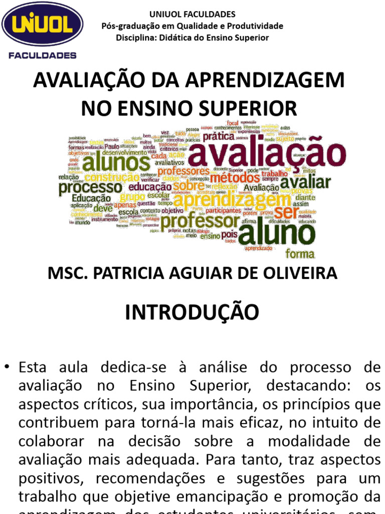 AVALIAÇÃO DA APRENDIZAGEM NO ENSINO SUPERIOR - Apresentação | PDF ...