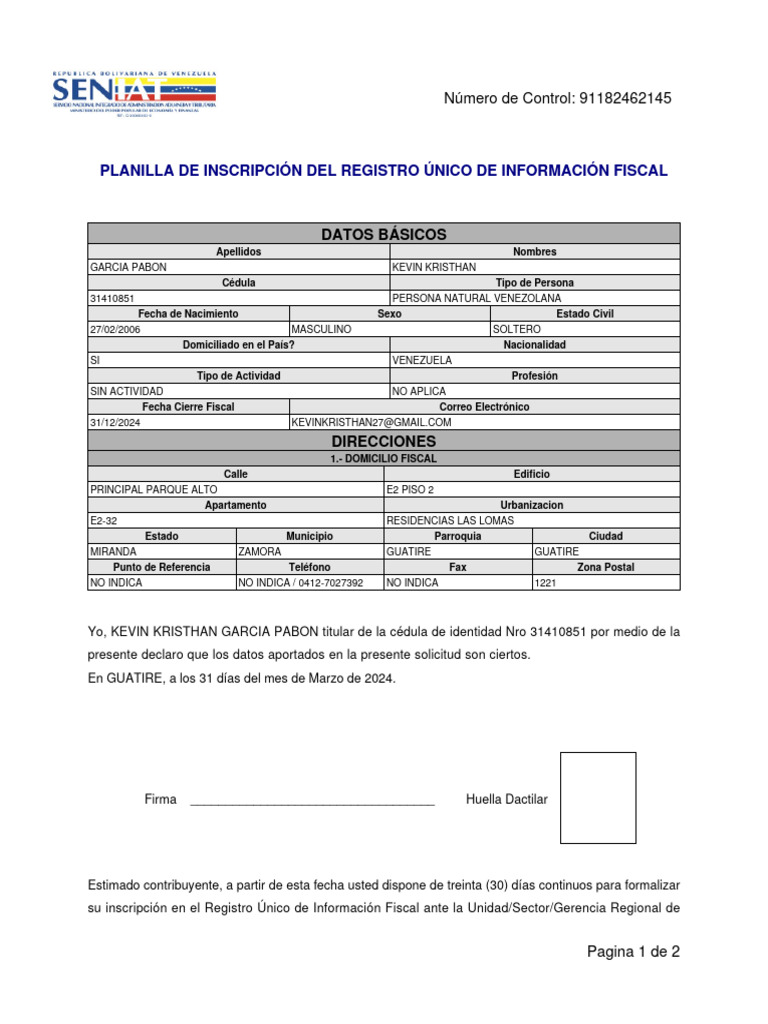 Inscripción en el Registro Fiscal RIF | PDF